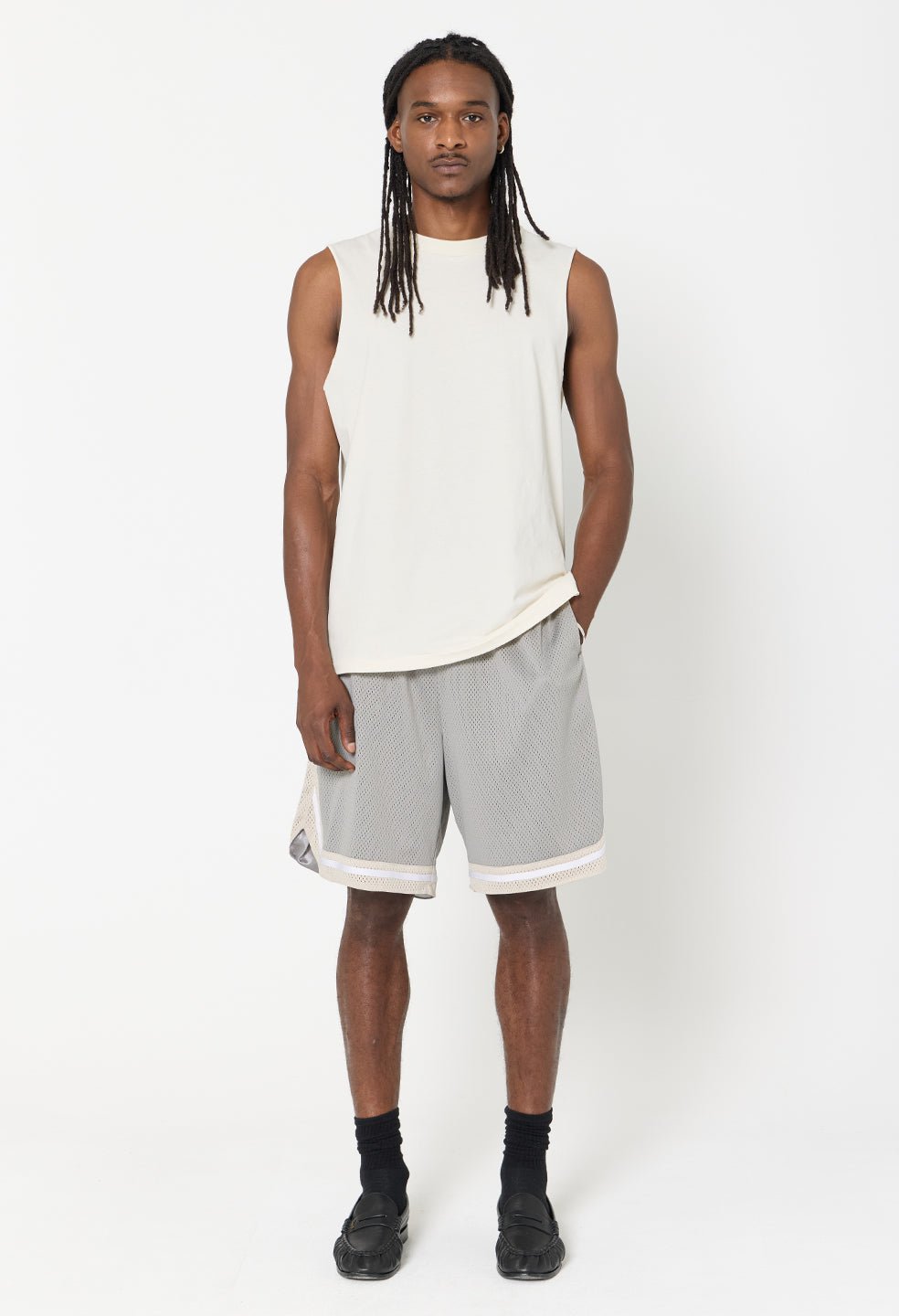 Shaolin Oversized Court Shorts / Grey x Tan - Image 4