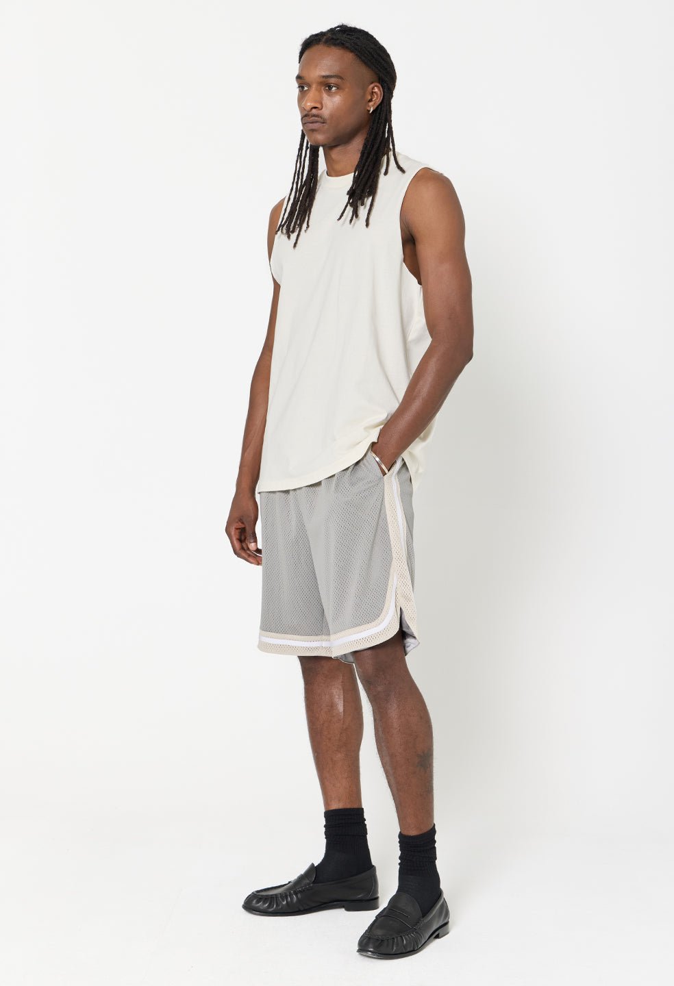 Shaolin Oversized Court Shorts / Grey x Tan - Image 5