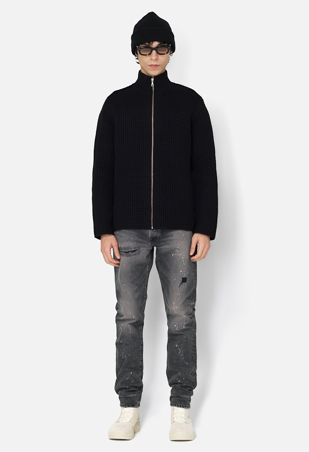Wool Waffle Knit Full-Zip / Black - Image 3