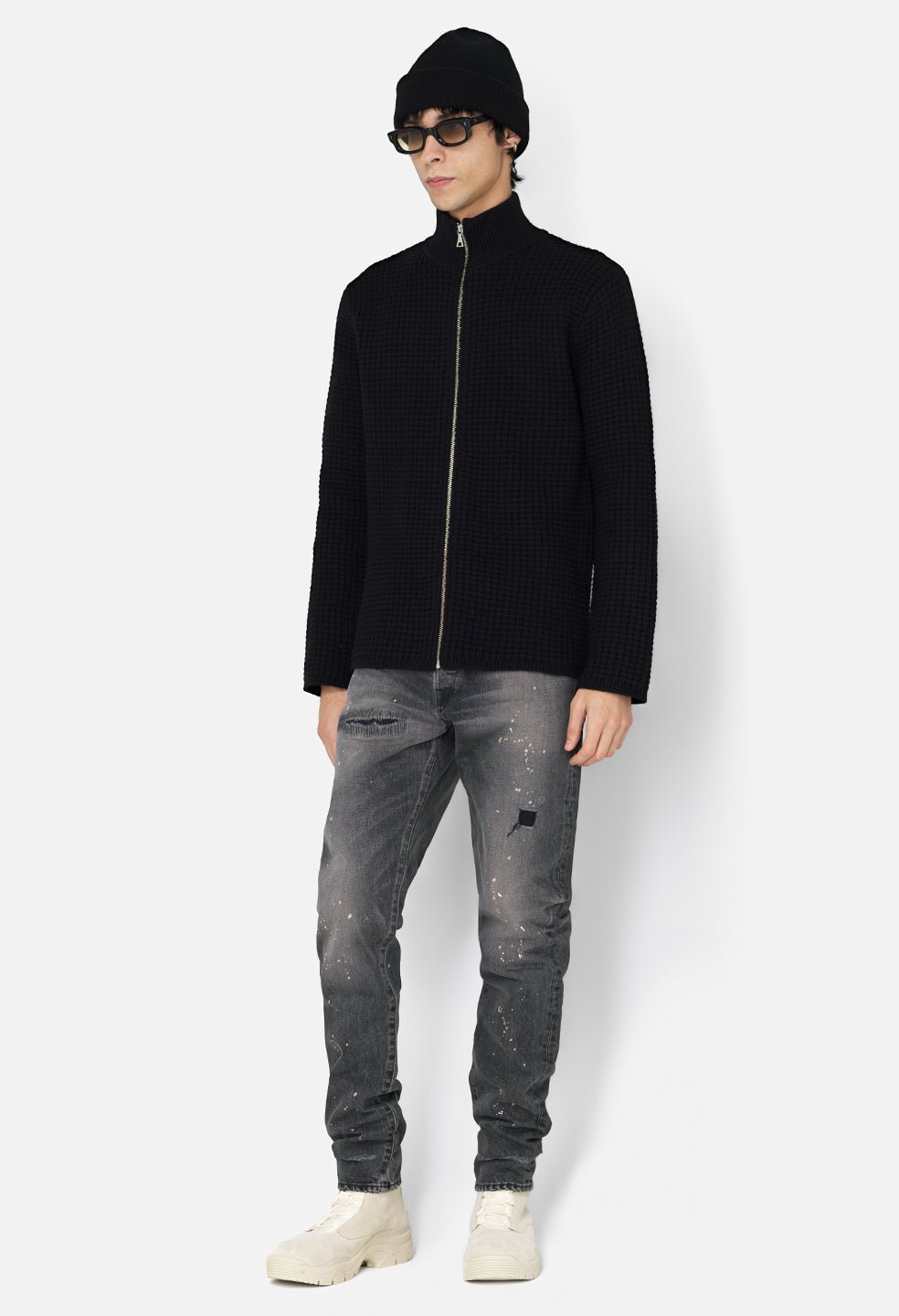 Wool Waffle Knit Full-Zip / Black - Image 4