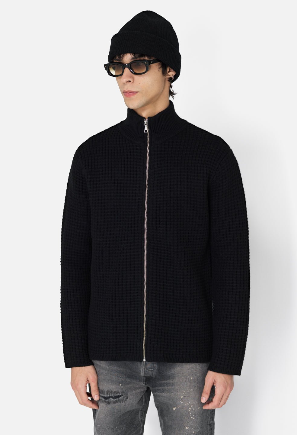 Wool Waffle Knit Full-Zip / Black - Image 2