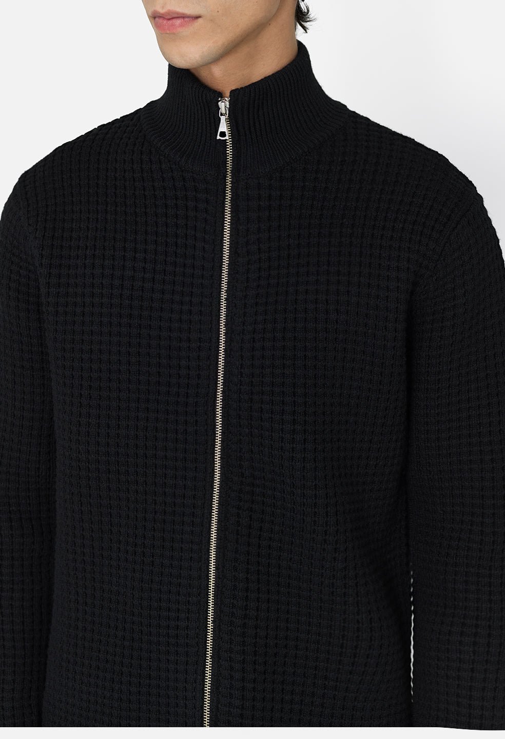 Wool Waffle Knit Full-Zip / Black - Image 6